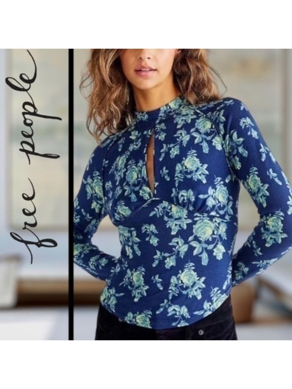 FREE PEOPLE Dinner Party Floral Print Long Sleeve Front Keyhole Cut Out-Lg/NWT